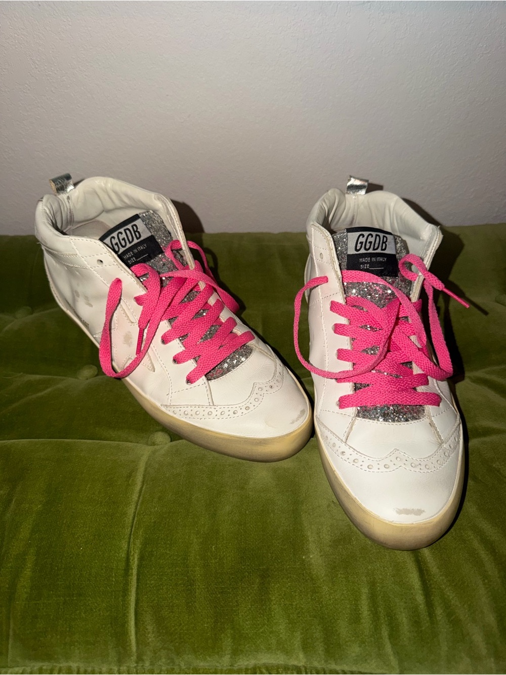 Golden Goose Women’s White High-Top Sneakers with Pink Laces